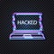 Vector Neon Laptop with Glitched Word Hacked on the Display Icon, Glitch Effect, Isolated Shining Illustration.