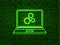 Vector Neon Laptop Icon with Gears on the Screen on Green Matrix Data Background.