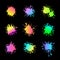 Vector Neon Paint Splashes Isolated on Black Background, Creative Design Elements Set.