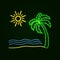 Vector Neon Surfing Illustration: Palm, Ocean Waves, Sand Beach, Sufr Board.