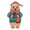 Vector New Year card. A cute bear in a New Year's sweater with a gift in its paws. Christmas card.