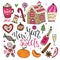 Vector New Year Sweets set. Christmas hand drawn bright collection with cocoa, gingerbread house