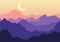 Vector night landscape, purple mountains and moon on sky. Nature