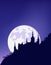 Vector night scene background with fairy tale castle at mountain slope and full moon
