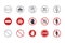 Vector no entry icons. Black red marks editable stroke. Collection of stop signs, forward movement is prohibited for people,