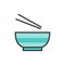 Vector noodle soup, bowl with chopsticks flat color line icon.