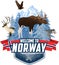 Vector Norway mountains forest emblem with moose, raindeer, wolf and  white-tailed eagle