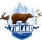 Vector Norway mountains forest emblem with moose, raindeer, wolf and  white-tailed eagle