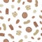 Vector Nuts Walnuts Pecans Almonds Peanuts Pistachios Scattered on Biege Background Seamless Repeat Pattern. Background