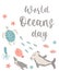 Vector ocean illustration with hammerhead fish,turtle,penguin,squid.Worlg ocean day - modern lettering.Underwater marine