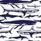 Vector ocean seamless pattern. Sharks and whale.