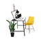 Vector office workplace with computer and plants. Comfortable modern creative workspace with yellow chair. Flat loft studio concep