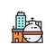 Vector oil factory, chemical plant, industrial building flat color line icon.