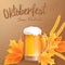 Vector oktoberfest poster with realistic glass of beer, yellow leaves and ears of wheat