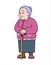 Vector old woman with a cane. Good old grandmother. Retiree, babushka. Elderly woman, senile people concept. Isolated on a white
