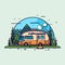 Vector of an orange camper parked in front of a lush forest