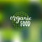 Vector organic food logo on blur background. Eco sign, healthy eating label for vegan cafe, product and drink packaging.