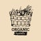 Vector organic vegetables logo. Farm eco products illustration. Hand sketched basket with greens. Rural harvest poster.