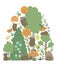 Vector ornate background with cute woodland animals, leaves, insects, trees. Funny forest scene with bears. Bright flat vertical