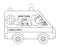 Vector outline ambulance with cute animals inside. Bear doctor driving emergency car with ill mouse. Funny special medical