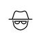 Vector outline anonymous icon. An incognito face in hat and glasses isolated on white background. Concept of anonymity, agent