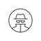 Vector outline anonymous icon. An incognito person in hat and glasses in circle frame isolated on white background. Concept of