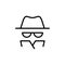 Vector outline anonymous icon. An incognito person in hat and glasses in coat isolated on white background. Concept of anonymity,