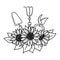 Vector outline black and white gardening tool and sunflowers isolated on white. Line vector logo for farmer or gardener.