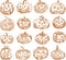 Vector outline brush drawings of set various halloween pumpkins