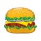 Vector outline cheeseburger with cheese, grilled beef, cucumber slice, lettuce salad, onion and sesame seed isolated on white.