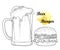 Vector outline classic hamburger with grill beef and beer mug with foam in black isolated on white background. Fast food drawing.