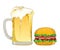 Vector outline classic hamburger with grilled beef and mug with foam lager beer isolated on white background. Fast food drawing.