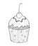 Vector outline cupcake with Cherry ripe berry in black isolated on white background. Drawing of cake with cherry fruit.