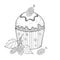 Vector outline cupcake with Mulberry or Morus ripe berry in black isolated on white background. Drawing of cake with mulberry.