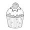 Vector outline cupcake with Raspberry ripe berry in black isolated on white background. Drawing of cake with raspberry.