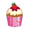 Vector outline cupcake with Strawberry red berry isolated on white background. Drawing of cake with strawberry fruit.