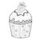 Vector outline cupcake with Strawberry ripe berry in black isolated on white background. Drawing of cake with strawberry.