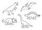 Vector outline dinosaurs - T-rex, Brachiosaurus, Pterodactyl, Triceratops, Stegosaurus. Cute flat dinosaurs isolated
