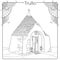 Vector outline drawing of Trulli or Trullo house with round conical roof in black isolated on white background.