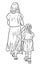 Vector outline drawing of young mother with her kids strolling together on summer day