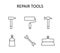 Vector outline icon with repair tools: hummer, wrench, paint roller, putty knife, nail puller