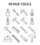Vector outline icon with repair tools: hummer, wrench, paint roller, putty knife, nail puller, saw, pliers, ax.