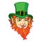 Vector outline Leprechaun head with green hat and red beard isolated on white background. Mythology character from Irish folklore.