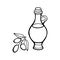 Vector outline. Still life of olive oil in a glass jar and sprigs of fresh olives