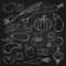 Vector outline vegetables set isolated on black chalkboard. chalk drawn veggies icon collection on blackboard. vintage