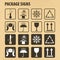 Vector packaging symbols on cardboard background. Icon set including fragile, this side up, handle with care, keep dry and