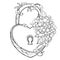 Vector padlock heart with bouquet of outline Hydrangea or Hortensia flower bunch and ornate leaf in black isolated on white.