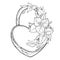 Vector padlock heart with outline bunch Bougainvillea or Buganvilla flower, leaf and bud in black isolated on white background.