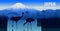 Vector panorama of Japan with mountain Fuji and crane on Kawaguchiko lake