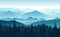 Vector panoramic landscape with blue silhouettes of foggy mountains and forest in front